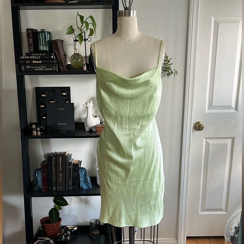 Express Green Satin Slip Dress with a cowl neck and spaghetti straps NWT size S